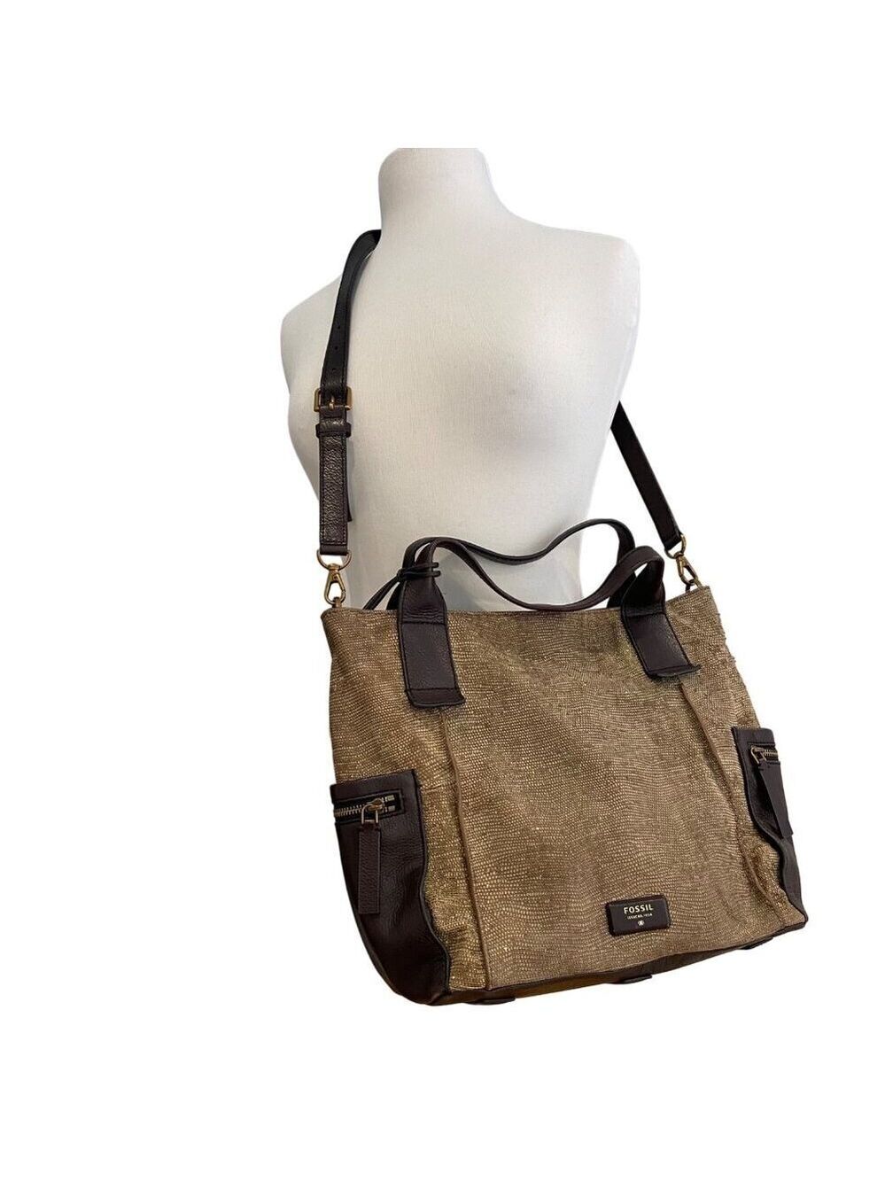 Fossil Metallic Leather Crossbody Bag Brown Bronze Zip Pocket Boho Everyday Tote